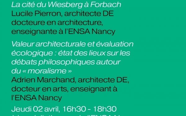 Séance du séminaire de recherche du LHAC, laboratoire histoire humanités architecture contemporanéité de l'école d'architecture de Nancy, coordonné par les enseignants chercheurs Émeline Curien, Federico Diodato et David Malaud.
Les discussions porteront sur les présentations des travaux de Lucile Pierron - Désordre apparent, ordre caché selon Émile Aillaud. La cité du Wiesberg à Forbach - et Adrien Marchand - Valeur architecturale et évaluation écologique : état des lieux sur les débats philosophiques autour du « moralisme ». 
#enseignementsuperieur #architecture #teamarchi #recherche #patrimoine #scienceshumaines @culture_gouv